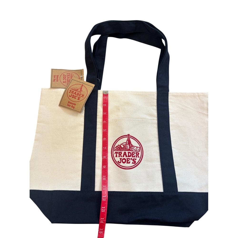 Trader Joe's Reusable Canvas Tote Bag Navy Blue Cream Cotton Grocery 2 Pack NWT - Picture 5 of 5